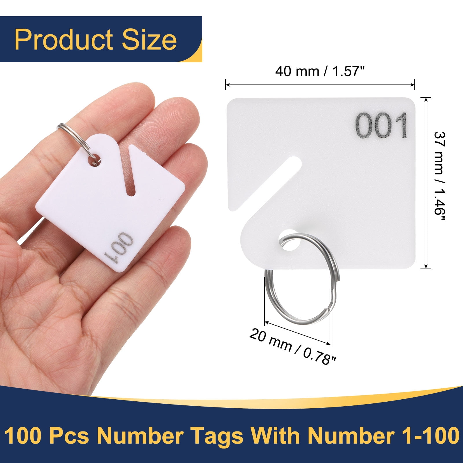 Uxcell 100 Pcs Number Tags 1-100, 1.5" Plastic Hanging Slotted Key Tags with Rings White Square Hanging Tag Keychains