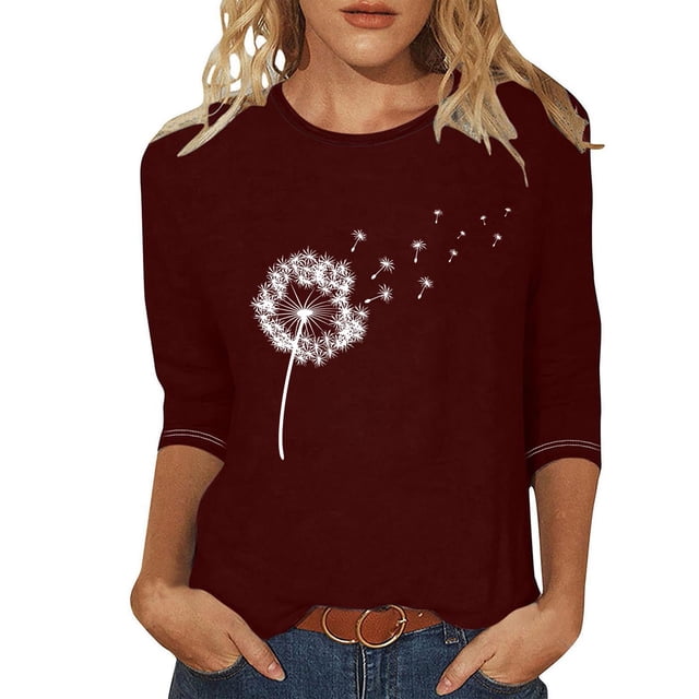 Jsaierl Hauts à Manches 3/4 à Imprimé Pissenlit pour Femmes, Automne, Décontractés, Blouses à Col Rond, Chemises Tendance Grande Taille, T-Shirts pour Vacances, Plage, Sorties