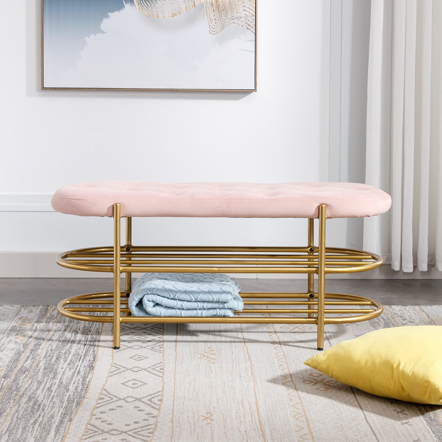 Kadyn Upholstered Velvet Beach, End of Bed Bench with 2 Shelf, Storage Beach for Living Room, Entrance, Pink