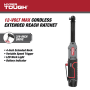 Hyper Tough 12V Max* Lithium-Ion 3/8-inch Cordless Extended Reach Ratchet with 1.5Ah Battery and Charger, New