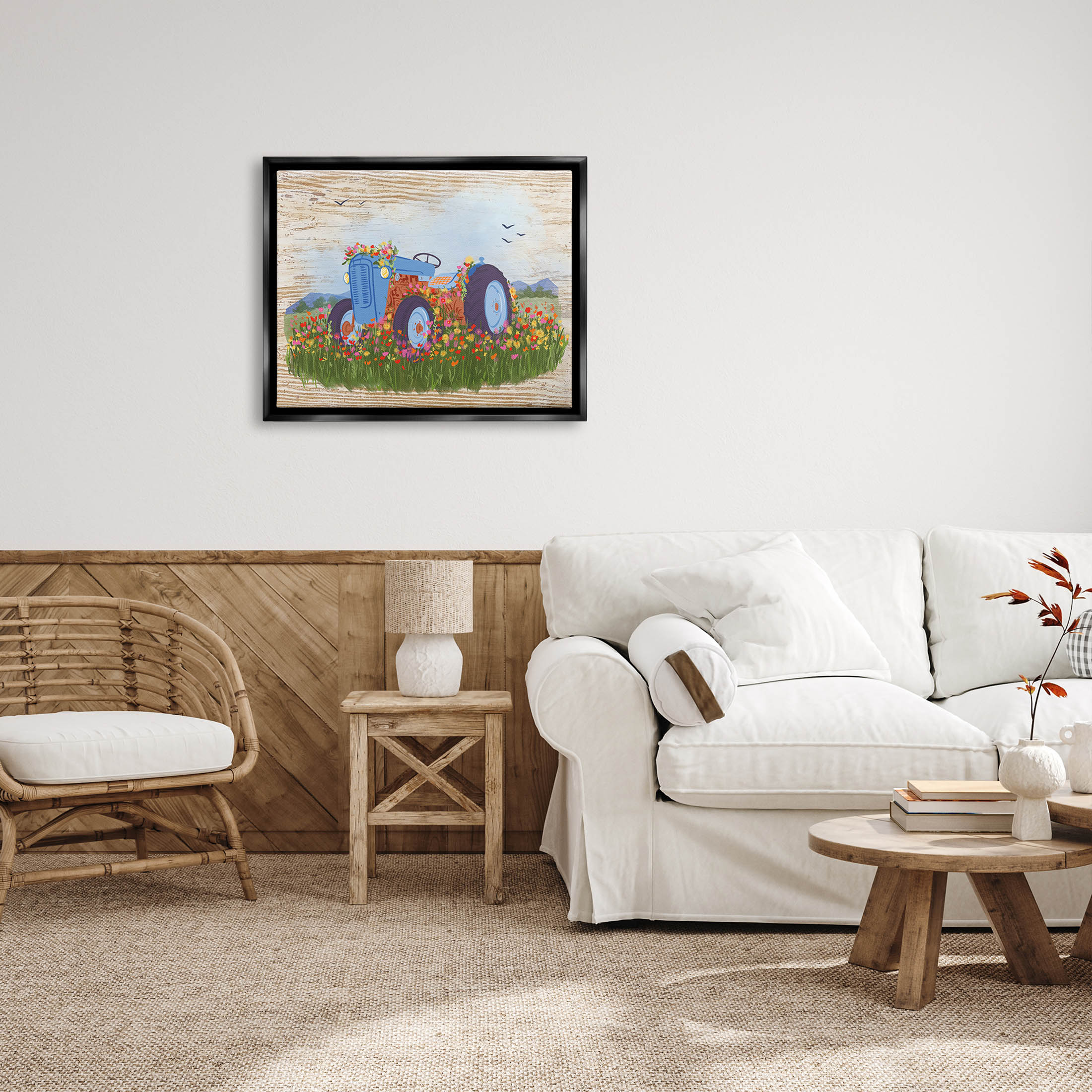 Farmhouse Tractor Floral Blooms Transportation Graphic Art Jet Black Framed Art Print Wall Art