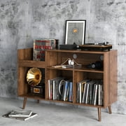 Oubayajia Record Player Stand, Vinyl Record Storage Cabinet with Charging Station & USB Ports, Mid-Century Turntable Stand Table Holds Up to 300 Albums Living Room Bedroom Office, Walnut
