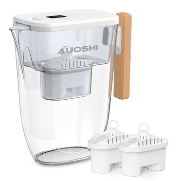 AUOSHI Large Water Filter Pitcher 14-Cup Capacity Water Filtration System for Tap and Drinking Water with Smart Filter Change Indicator and 2 Filters Lasts 6 Months, BPA Free, White
