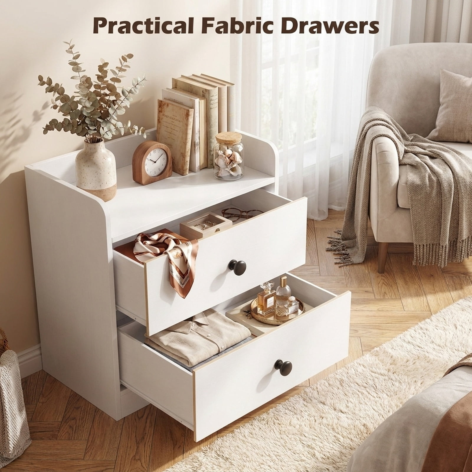Furnibear Open Accent Cabinet with 2 Drawers 3 Compartments and Countertop Bookshelf Storage for Entryway Living Room and Bedroom, White