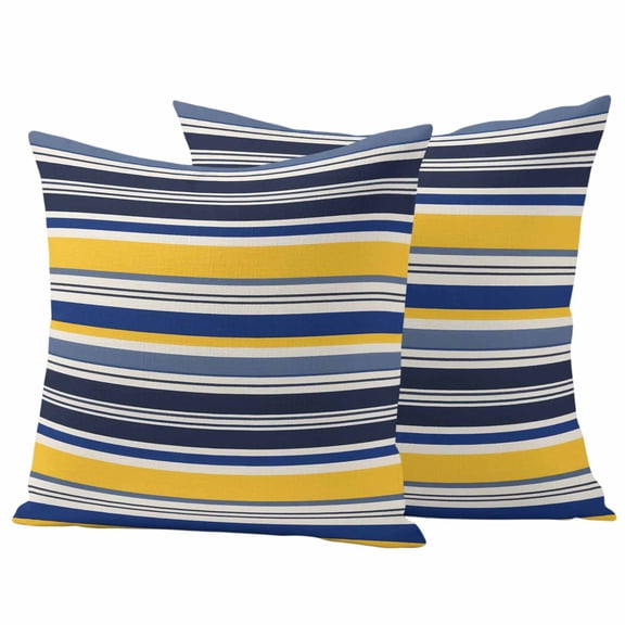 Navy Blue Yellow Striped Outdoor Waterproof Pillow Covers, Farmhouse Vintage Stripe Decorative Square Throw Pillowcase Sofa Cushion Sham for Patio/Couch/Chair, 18"x18" 2 Pack