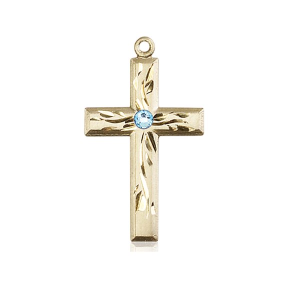 14kt Yellow Gold Cross Medal with 3mm March Blue Swarovski Crystal 1 1/8 x 5/8 inches
