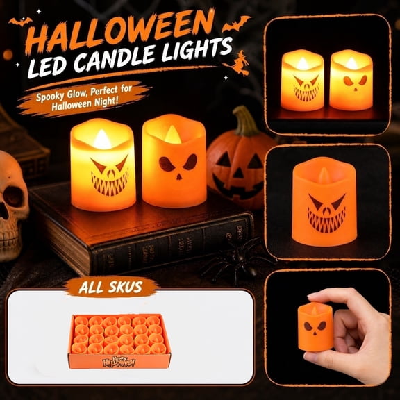 Halloween Flameless Candles 24 Pack Spooky Orange Jack O Lantern Face Flickering Led Candles for Indoor Outdoor Halloween Decorations Home Party Mantel Window Haunted House Decor