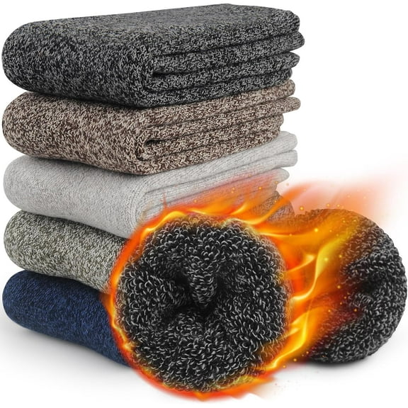 5 Pairs Merino Wool Socks for Men, Thermal Wool Hiking Socks Supper Thick Winter Crew Socks (US Size 7-13)