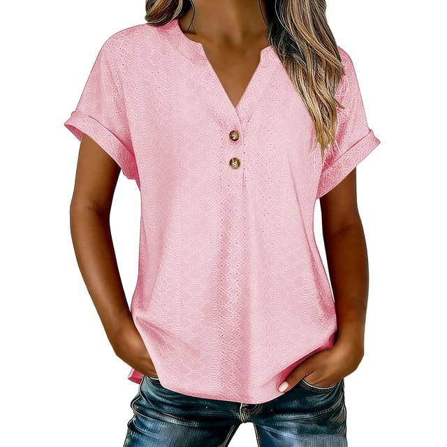 Abcnature Haut à Boutons à Col en V pour Femmes, Blouse Texturée à Manches Courtes, Chemise Décontractée Unie pour Dames
