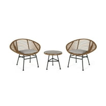 Noble House Meridian Outdoor Faux Wicker Chat Set w/ Glass Table Mahogany Brown