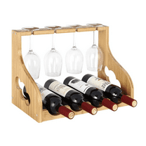 NEX Wall-Mounted Wood Wine Rack, Holds 4 Bottles 4 Glasses, Light Brown