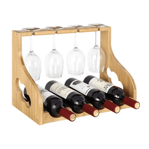 NEX Wall-Mounted Wood Wine Rack, Holds 4 Bottles 4 Glasses, Light Brown