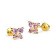 14k Gold Plated Brass Butterfly Cubic Zirconia Screwback Girls Earrings with Sterling Silver Post