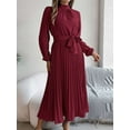 thumbnail image 6 of Deago Women's Spring Fall Maxi Dress Long Sleeve Pleated Casual Mock Neck Elegant A Line Flowy Long Dresses with Belt (Red, XL), 6 of 9