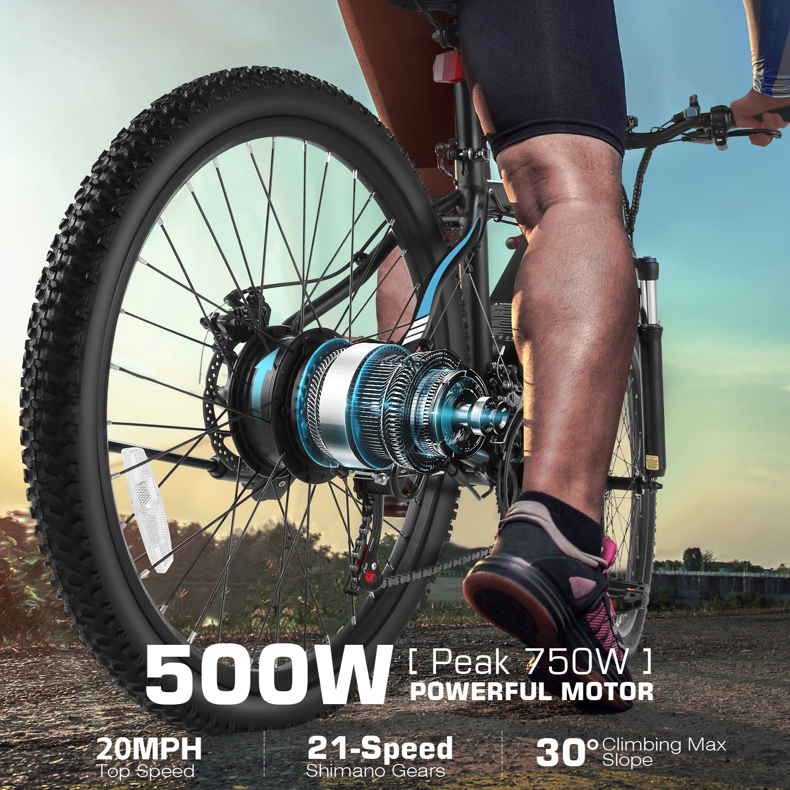 Elifine 500W Electric Bike 26" Electric Bike for Adults, 20mph Electric Mountain Bicycle, 48V Removable Battery Commuter Ebike, Adjustable 21-Speed Gears, Aluminum Alloy Frame UL 2849 Certified Blue
