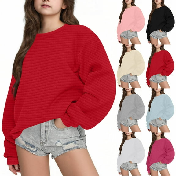 MKOSPLRT Kids Oversized Sweatshirts Girls Textured Pullover Crew Neck Jacquard Sweat Shirts Long Sleeve Solid Loose Sweatshirts 4-15Y