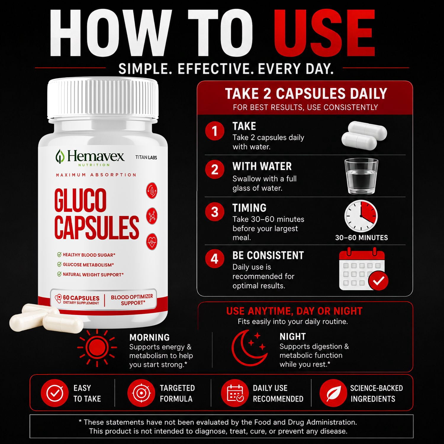 Hemavex Gluco Capsules Advanced Formula Blood Support for Health and Wellness Hema Vex 120 Capsules