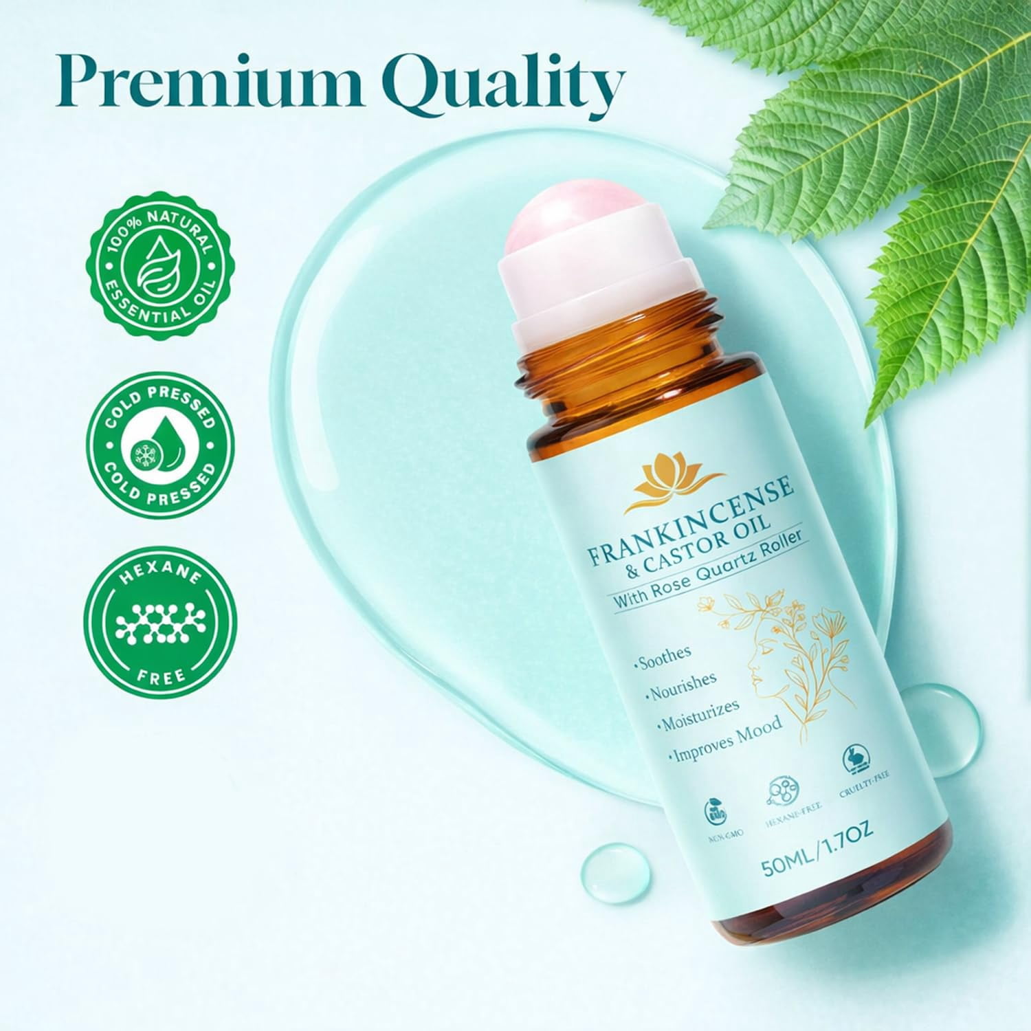 Castor Oil and Frankincense Roll On – Rose Quartz Roller Bottle, Organic Cold Pressed Castor Oil for Eyebrows, Face & Neck – Firms Skin, Feels Soft & Smooth, Brightens Eyes (1PCS)