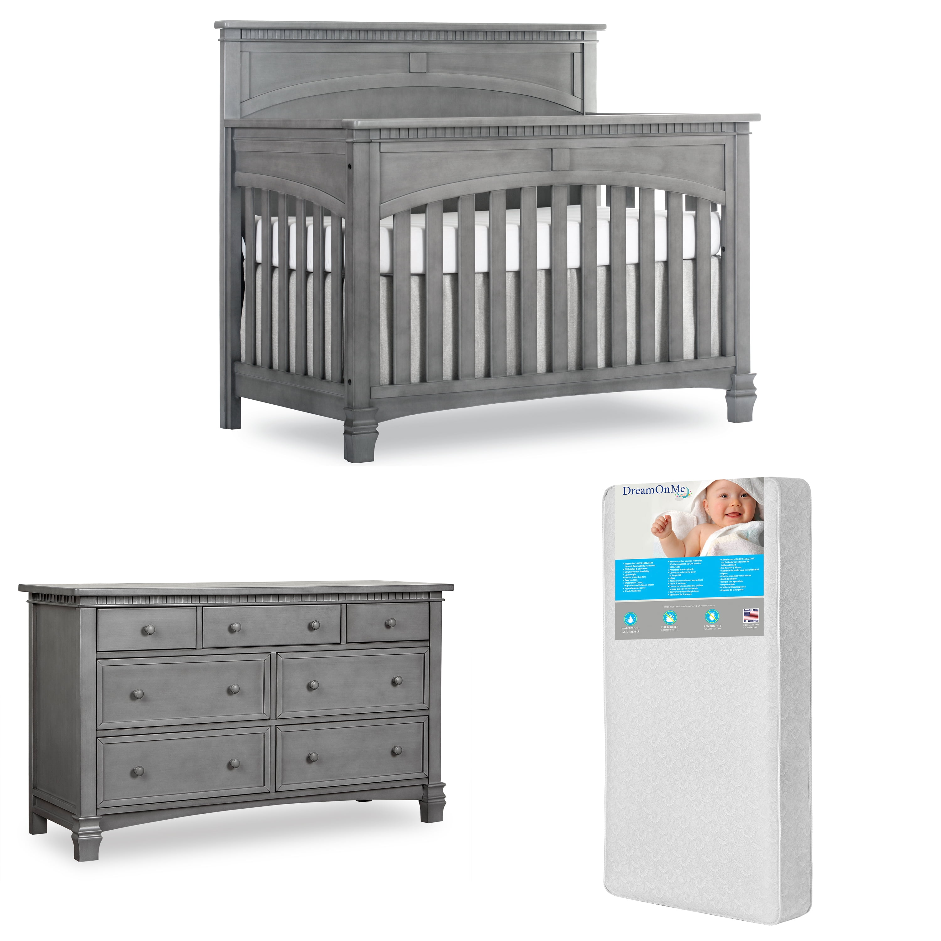 Evolur Aurora 5-in-1 Convertible Crib and Double Dresser with Free 260 Coil Crib/Toddler Mattress