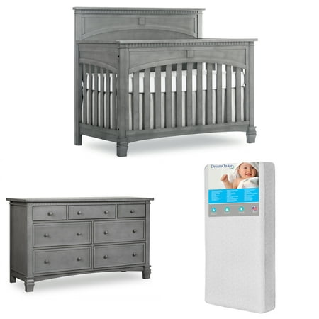 Evolur Santa Fe 5-in-1 Convertible Crib and Double Dresser in Storm Grey with FREE 260 Coil Crib and Toddler