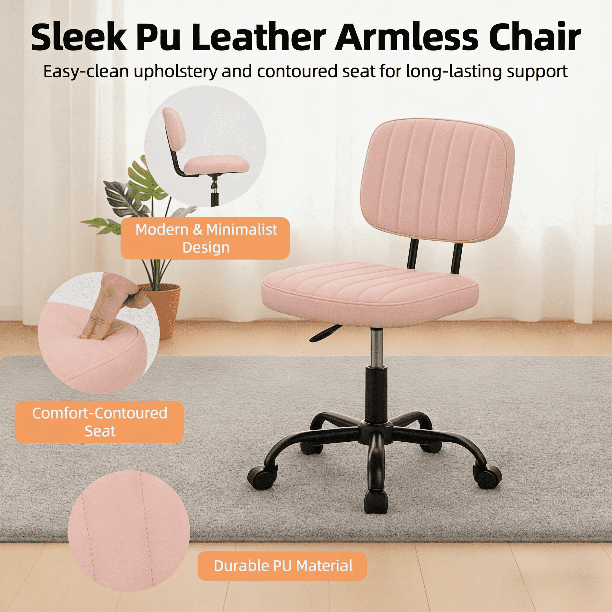 CONCETTA Ergonomic Home Office PU Leather Desk Chair, Small Space, Armless Rolling Chair for Adults, Pink