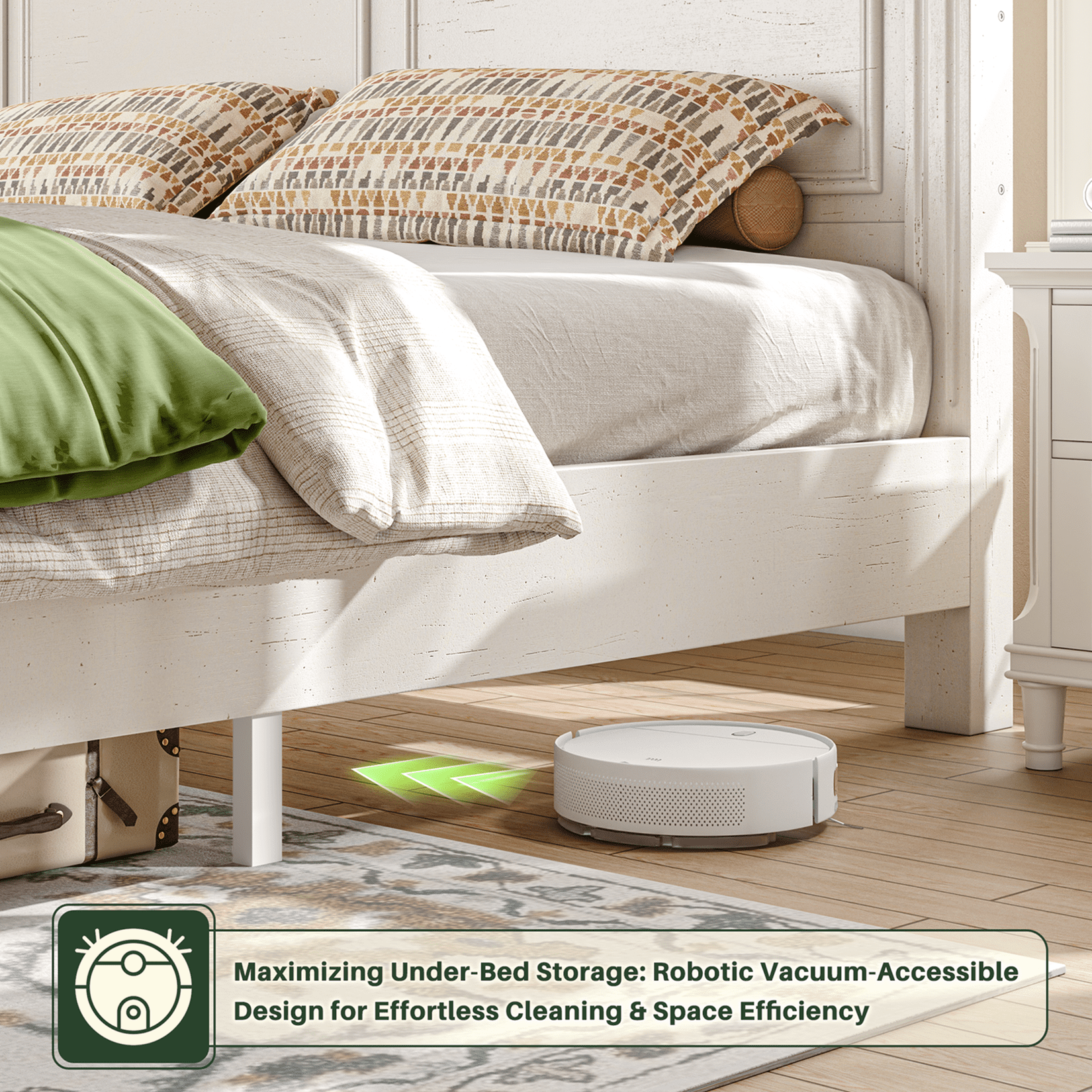 EnHomee Queen Bed Frame with 2 Storage Drawers Queen Size Bed Frame with 51.25" H Headboard Farmhouse Bed Frame NO Noise, No Box Spring Needed, White