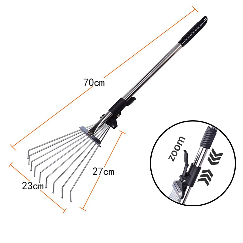 SHADE SPRING 63 inch Adjustable Garden Leaf Rake Telescopic Metal Rake Expandable Folding Head from 8 Inch to 23 Inch Black 