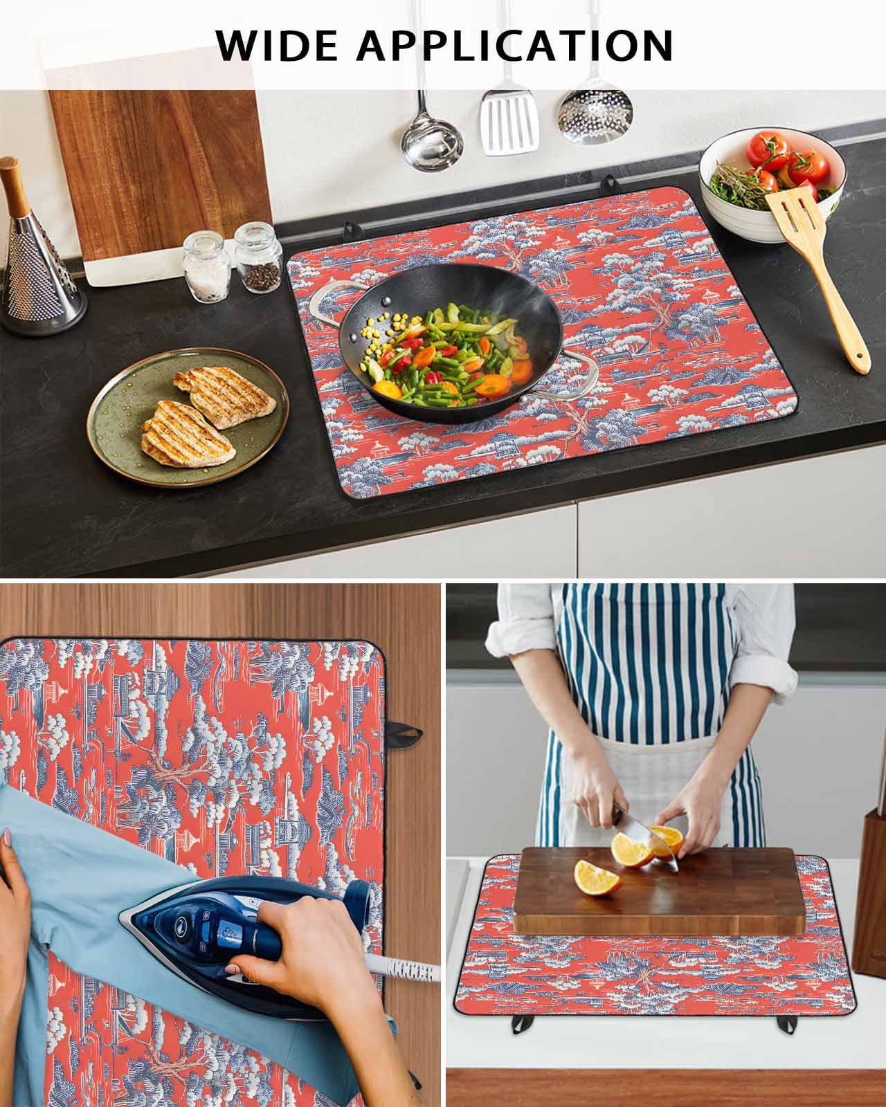 nqOlkjepod Large Induction Cooktop Protector Mat 24"x21", Red Garden Stove Top Covers for Electric Stove, Modern Art Retro Building Trees Landscape Stove Burner Cover Mats, Glass Top Stove Cover