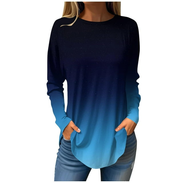 FAIWAD Women's Top Long Sleeve Drop Shoulder Round Neck Gradient Top Lightweight Loose Tops