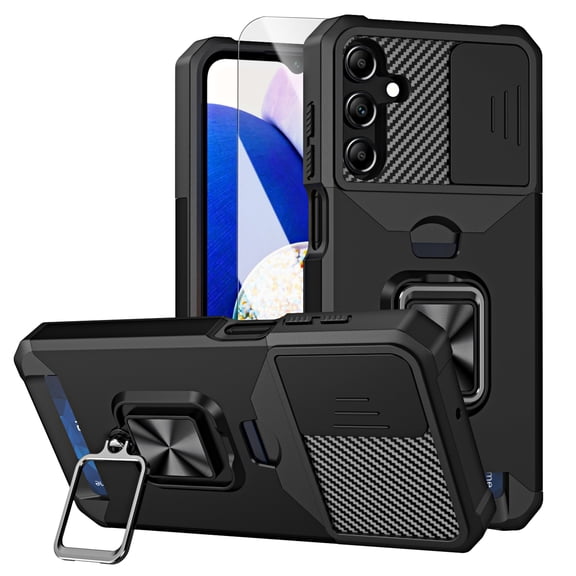 Dteck Case with Tempered Glass Screen Protector for Samsung Galaxy A37 5G,Shockproof TPU PC with Card Holder 360 Degree Ring Stand Slide Lens Cover,Black