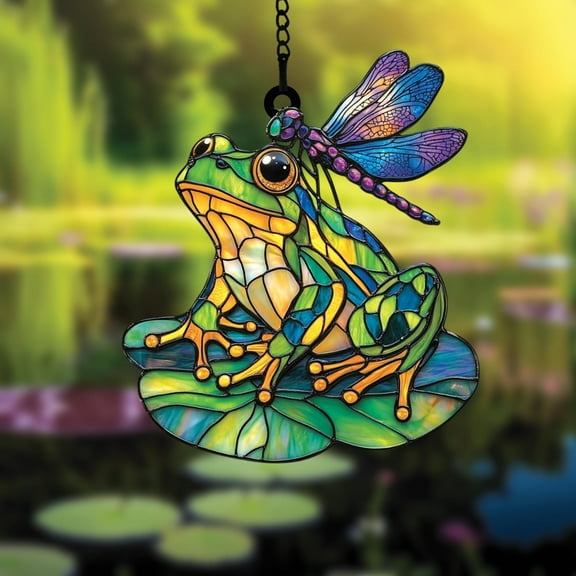 Frog and Dragonfly Acrylic Suncatcher - Faux Stained Glass Frog Window Hanging - Colorful Nature Decor, Animal Gift for Mom