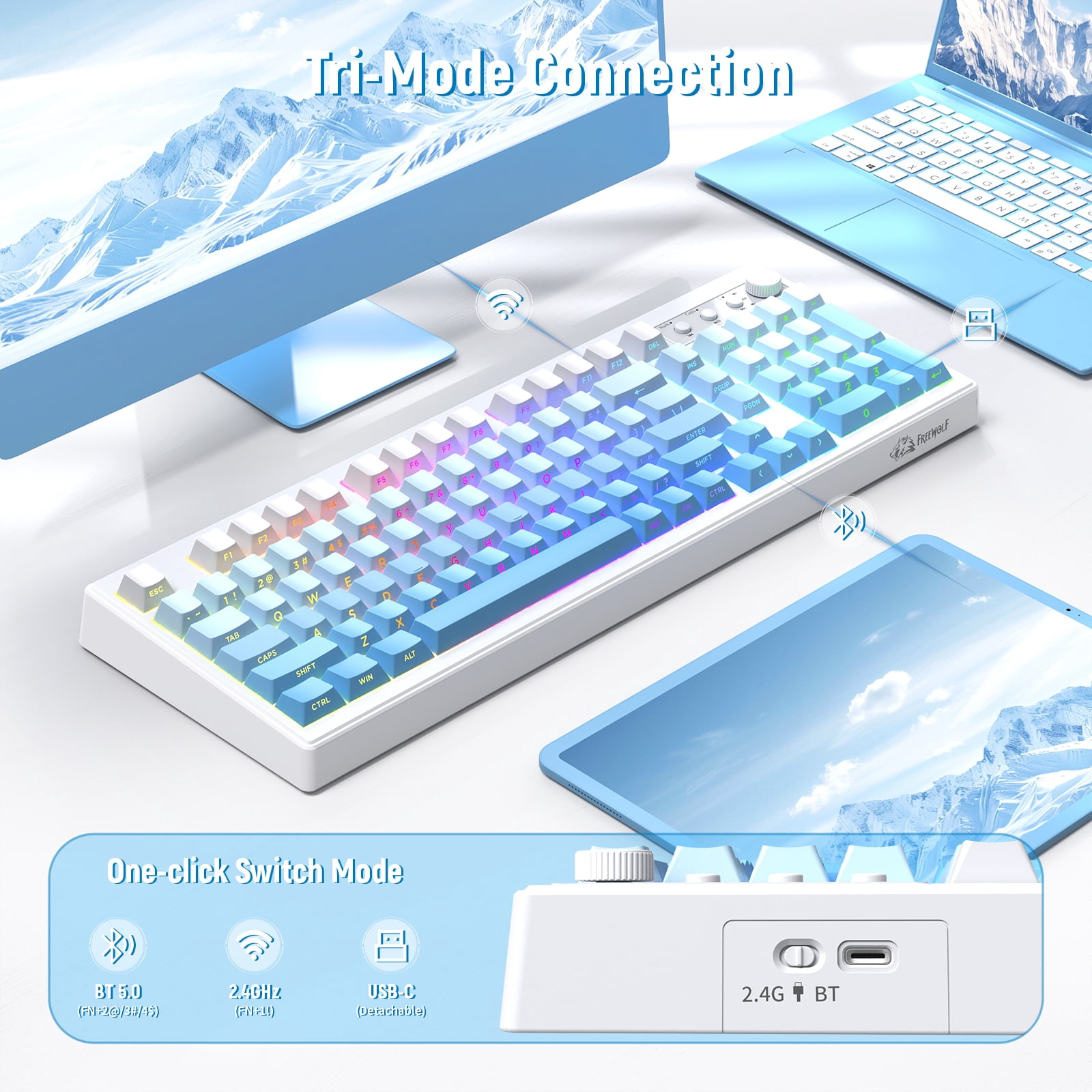 ZIYOU LANG K100 90% Wireless Gaming Keyboard, Tri-Mode Bluetooth/2.4GHz/USB-C, RGB Backlit, Number Pad, for PC/Mac, Blue Creamy