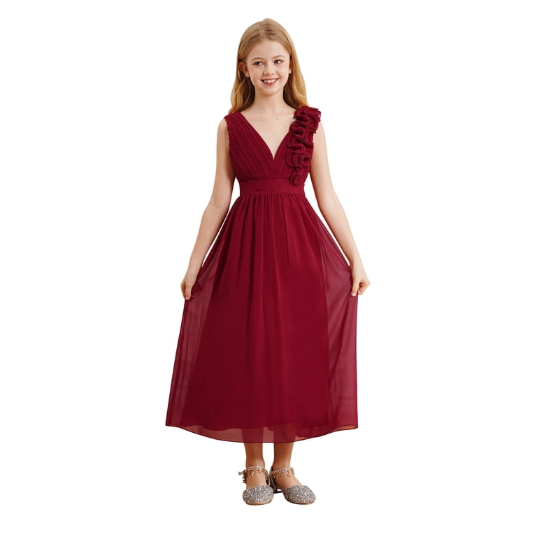 iiniim Kids Girls Chiffon Ruched Junior Bridesmaid A Line Swing Maxi Formal Pageant Prom Dress Burgundy 16