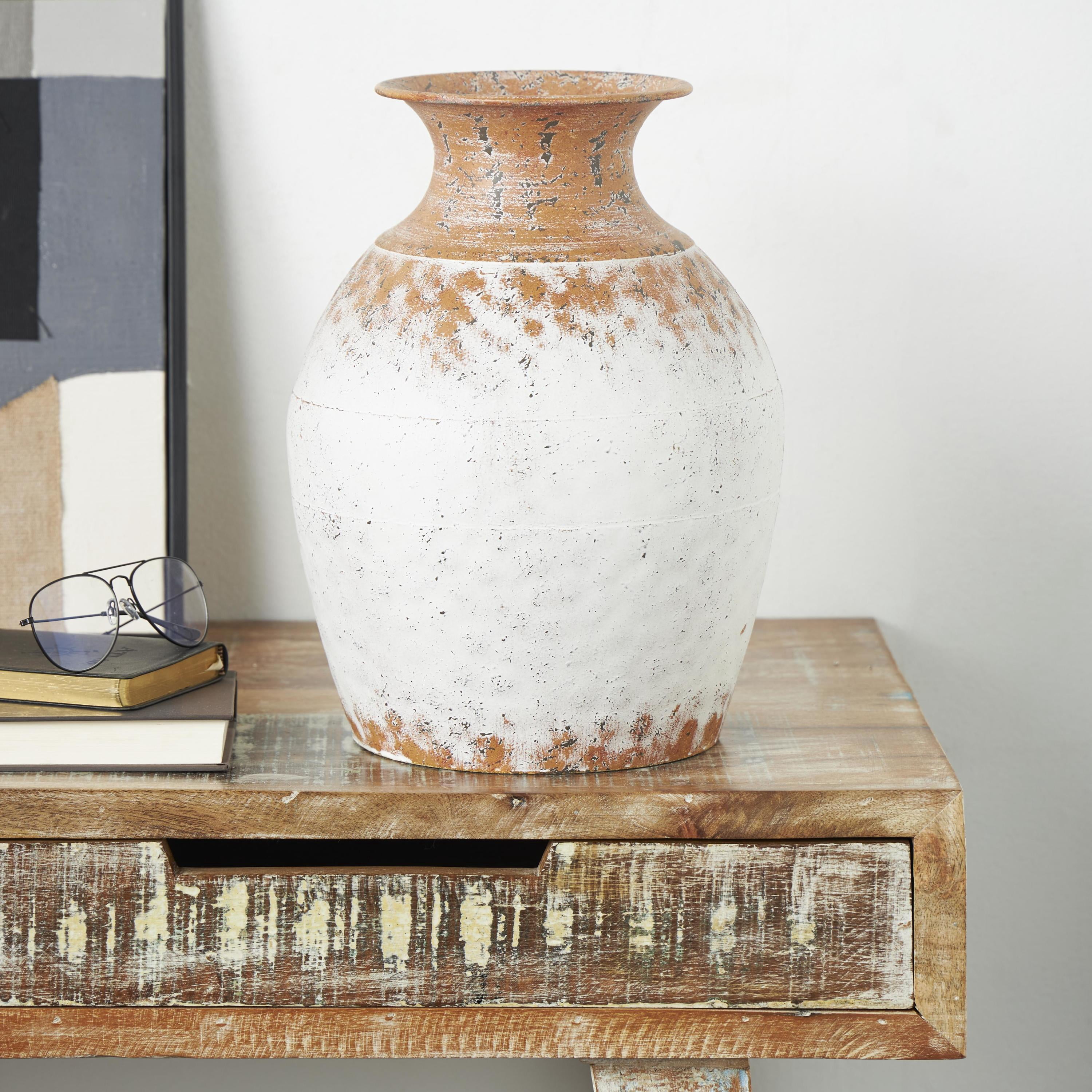 DecMode 14" Distressed Textured Copper Metal Vase with White Center