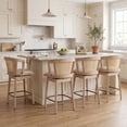thumbnail image 6 of Dayalane 26" Modern Farmhouse Swivel Bar Stools Set of 4, Linen Upholstered Counter Height Barstools with Rattan Barrel Cane Back, Boho White Washed Oak Wooden Island Chairs for Kitchen Pub, Beige, 6 of 14