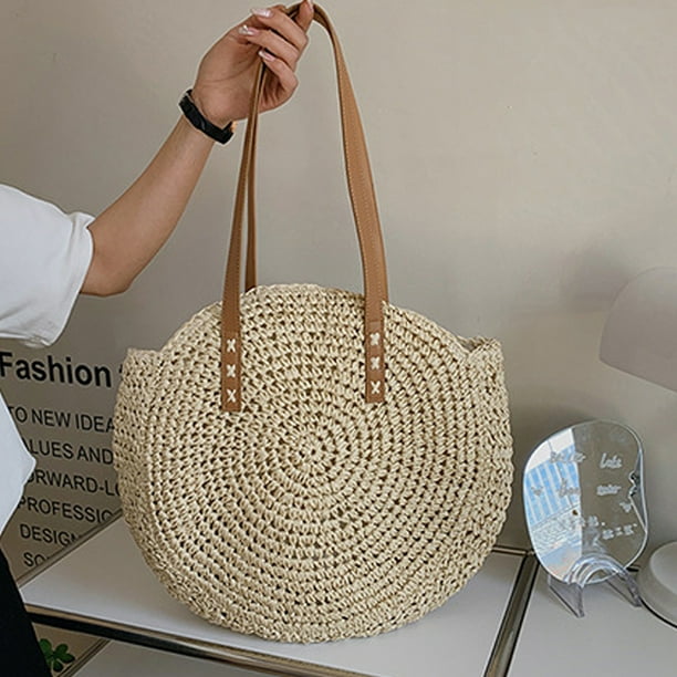 Bolsos de paja Bolsos de paja redondos para mujer Bolso de mano elegante natural Bolso grande de playa de verano Bolso de hombro con asa tejida 45 41 cm Bodega Aurrera en linea