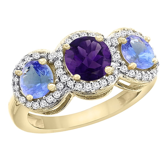 10K Yellow Gold Natural Amethyst & Tanzanite Sides Round 3-stone Ring Diamond Accents, size 5.5