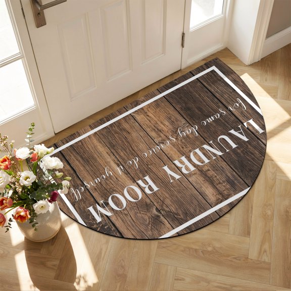 Half Circle Bath Mat Laundry Room Semicircular Doormat Non Slip Absorbent Quick Dry Diatomite Stone Wood Grain Do It Yourself Drying Shower Mat for Bathroom Floor Bathtub Entryway Kitchen 24"x36"
