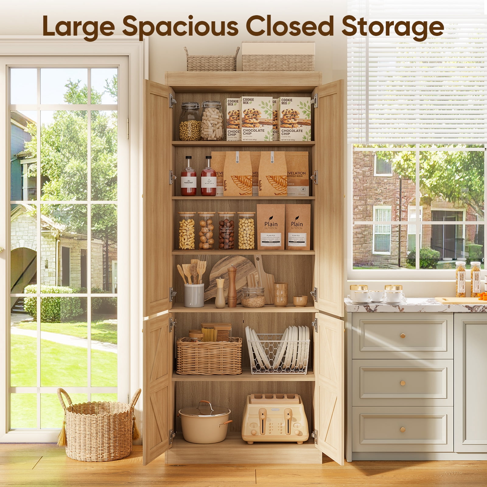 71" Tall Farmhouse Kitchen Pantry Cabinet with Doors,Storage Cabinet with 4-Tier Adjustable Shelves,Wooden Hutch for Home, Kitchen Brown