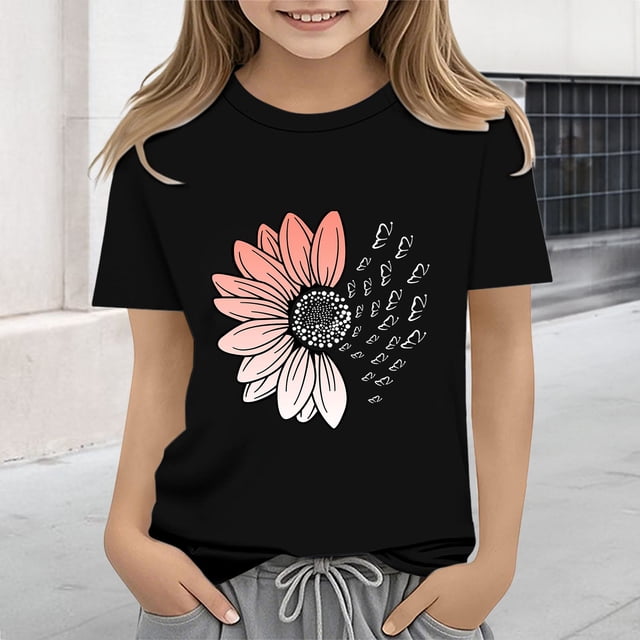 XIMIN T-Shirts Filles Graphiques Tournesol Manches Courtes Col Rond Coton Coupe Ample Décontractée Été