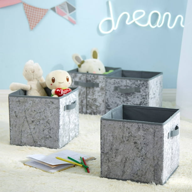 Urban Shop Crushed Velvet 4 pack Collapsible Storage Cubes, Gray