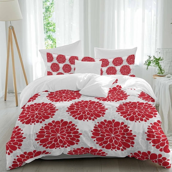 3 Piece Red Dahlia Duvet Cover Set Queen Size,Microfiber Comforter/Quilt Cover with Corner Ties and 2 Pillowcases,Vintage Country Grey Abstract Flowers Floral All Season Bedding with Zipper Closure