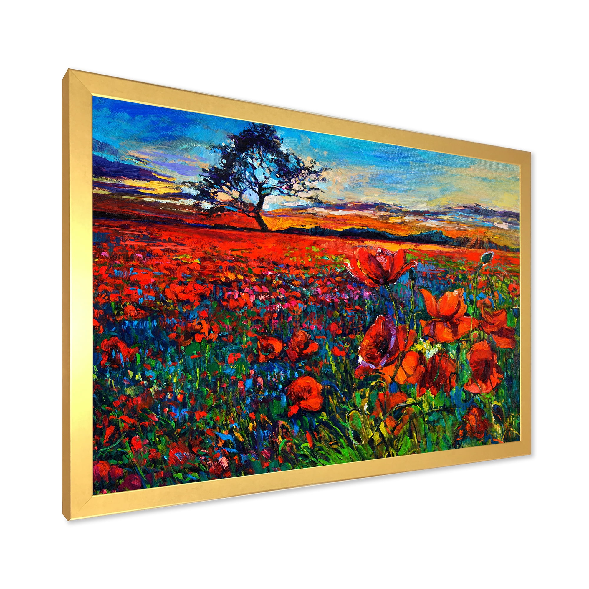 Designart 'Blossoming Red Poppy Fields With Distant Tree' Traditional Framed Art Print