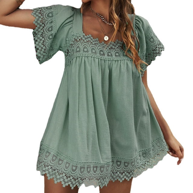 Blusas de encaje de verano para mujer, manga corta, cuello cuadrado, blusas fluidas, camisas para fiestas, playas, vacaciones