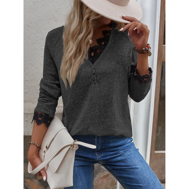 Top De Jersey Para Mujer, Manga Larga, Cuello En V, Costuras De Encaje Cómodas, Top De Punto Para Mujer Para Citas Para El Día A Día ANGGREK Otros