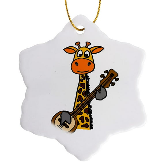 3drose, Funny Cute Giraffe Playing the Banjo, 3 inch Snowflake Porcelain Ornament