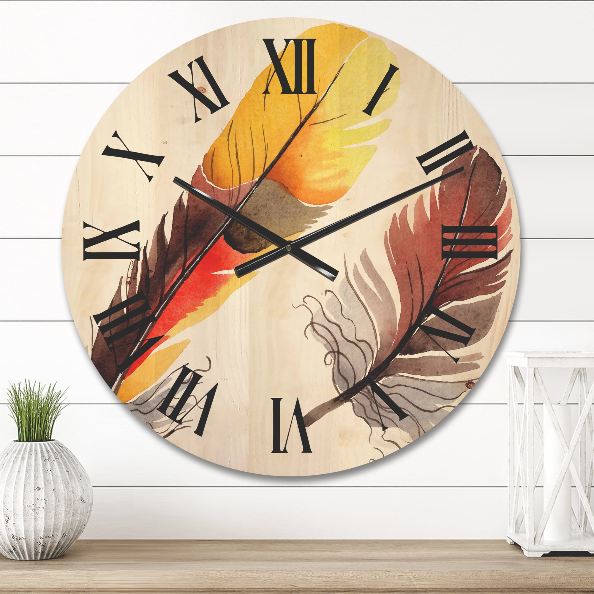 Designart 'Colourful Boho Art Feathers IV' Bohemian & Eclectic Wood Wall Clock