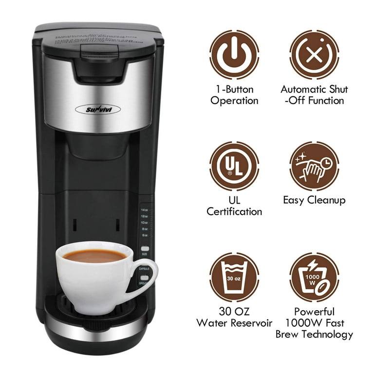 Superjoe Single Serve Coffee Maker for Capsule Pod and Ground Coffee,Coffee  Machine with 30 oz Removable Reservoir 1000 W Fast Black Coffee Brewer