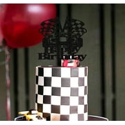 EONNCNT Race Car AJH3Birthday Cake Topper - Black Glitter Race Car Theme Birthday Party Cake Decoration Supplies, Racing Car Checkered Flag Anniversary Party Supplies Photo Booth Props