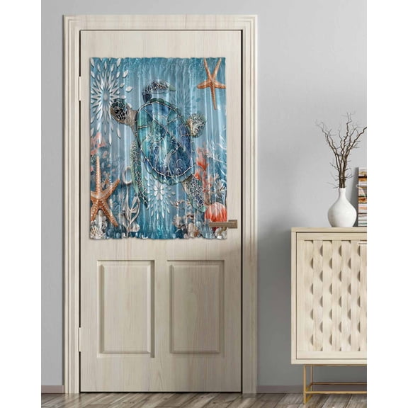Blue Coastal Sea Turtle Blackout Curtains, French Door Curtains for Door Window, Summer Beach Starfish Botanical Privacy Drapery for Patio/Sidelight Doors, 1 Panel with Tieback, 54 x 40 Inches